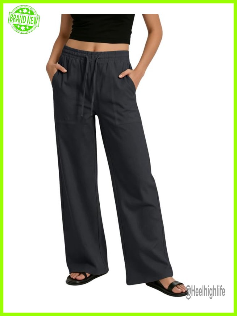 Wide Leg Palazzo Pants With Pockets Linen Blend Drawstring Summer Casual